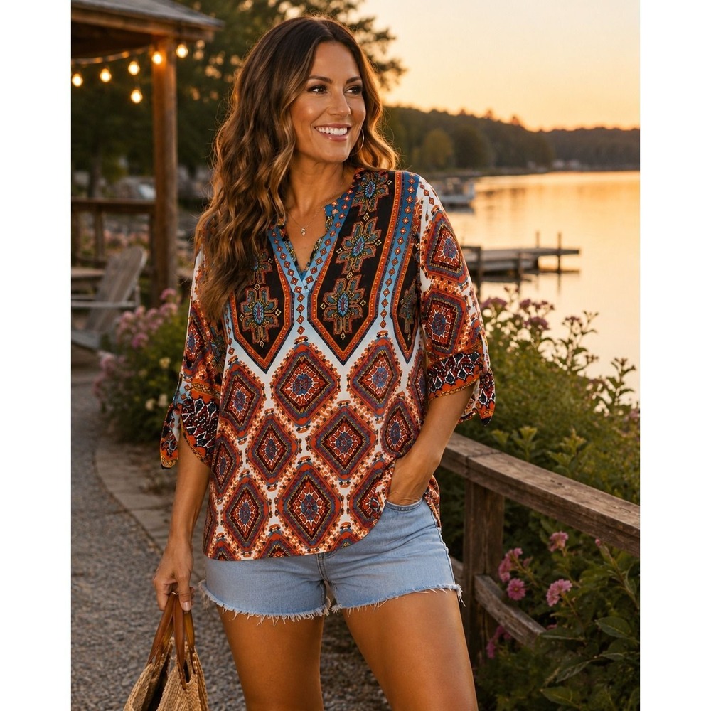 Gibson Latimer Women's Medium Geometric Tribal Print Roll Tab Sleeve Tunic